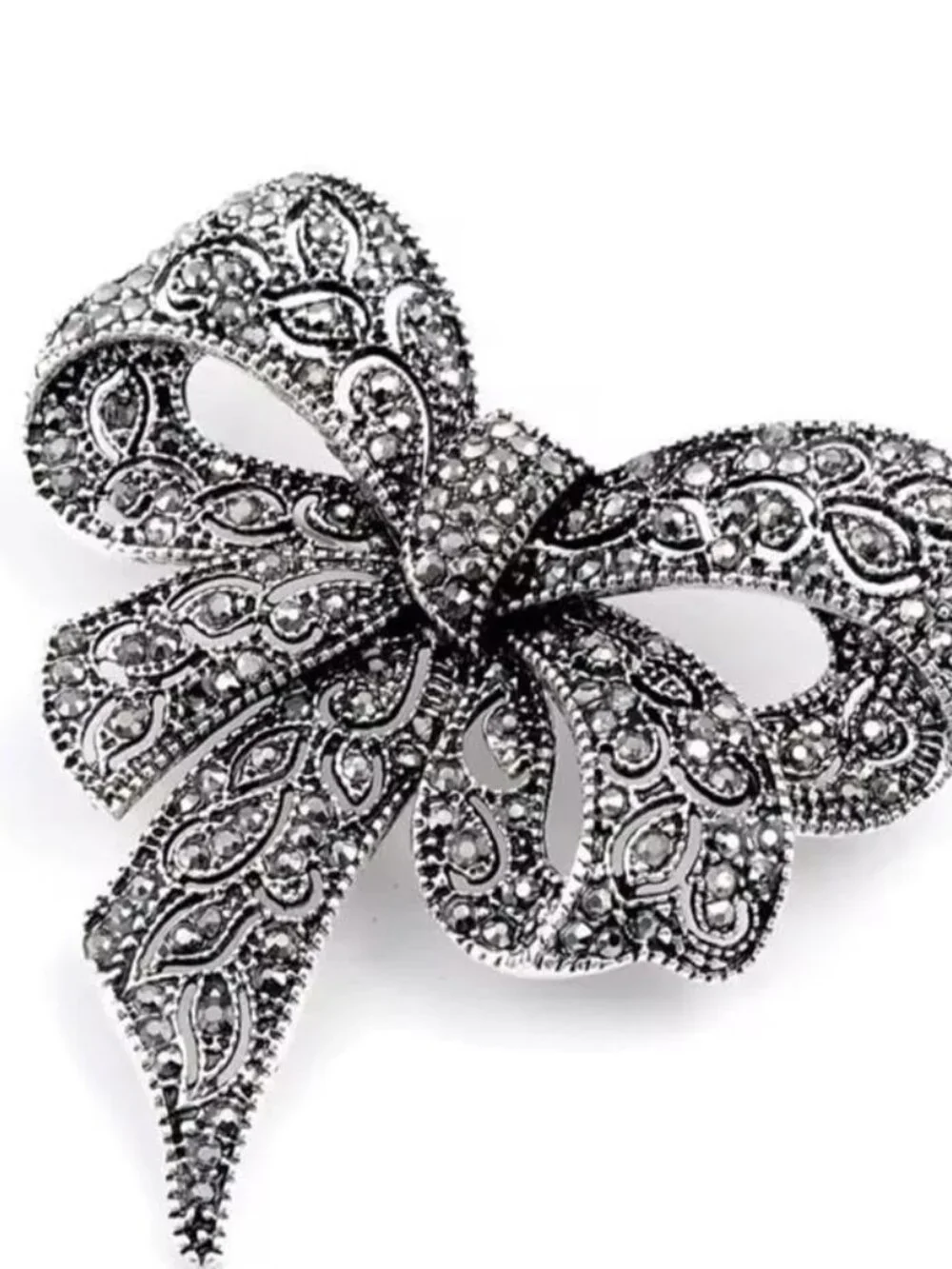 Vintage Style Crystal Bow Brooch Pin, Antique Silver, Rhinestone‎ Encrusted, Art